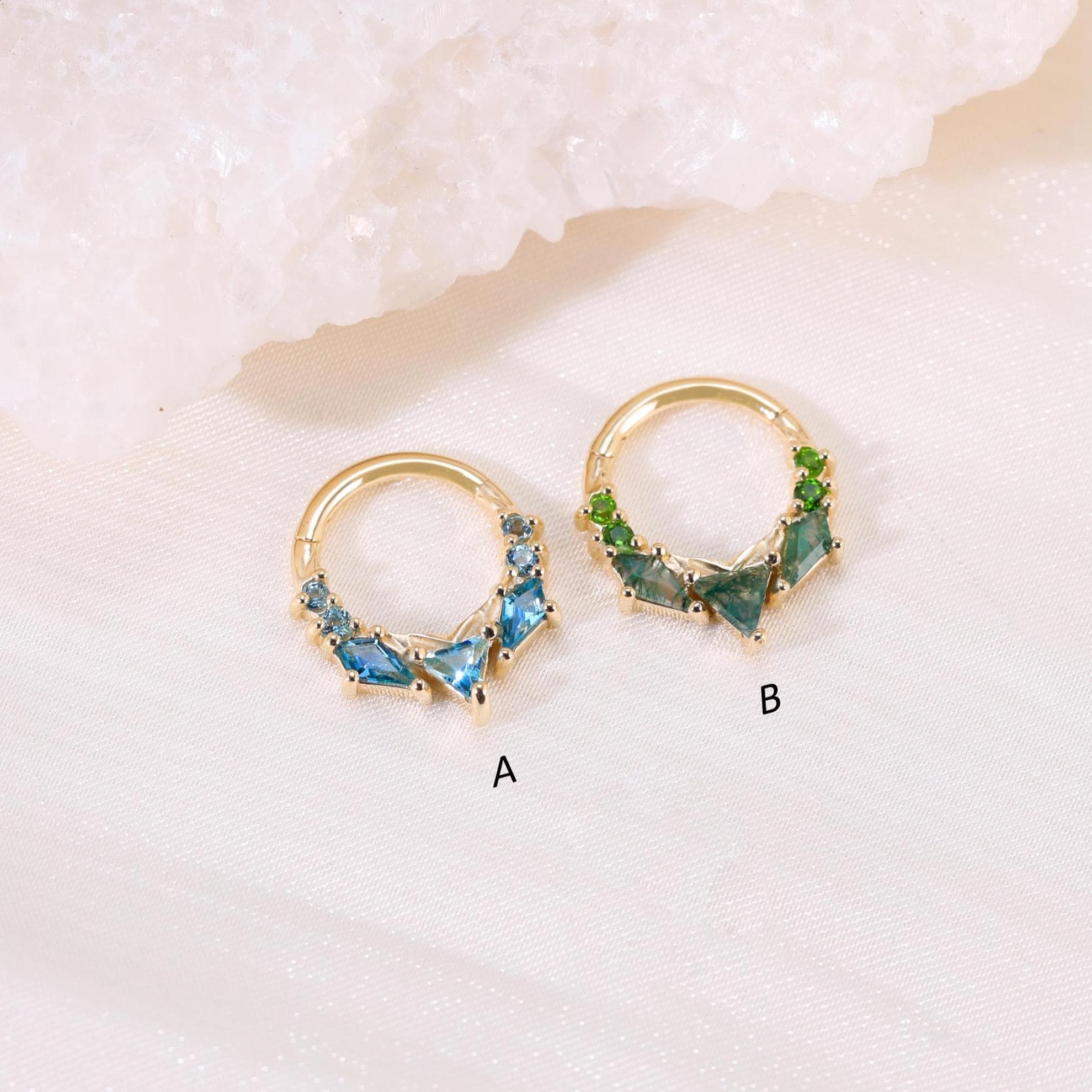 14K Solid Gold Moosachat mit Diopsid Clicker, Swiss Blue Topas mit London Blue Topaz Septum Ring/Daith Knorpel Nahtlose Clicker Hoop