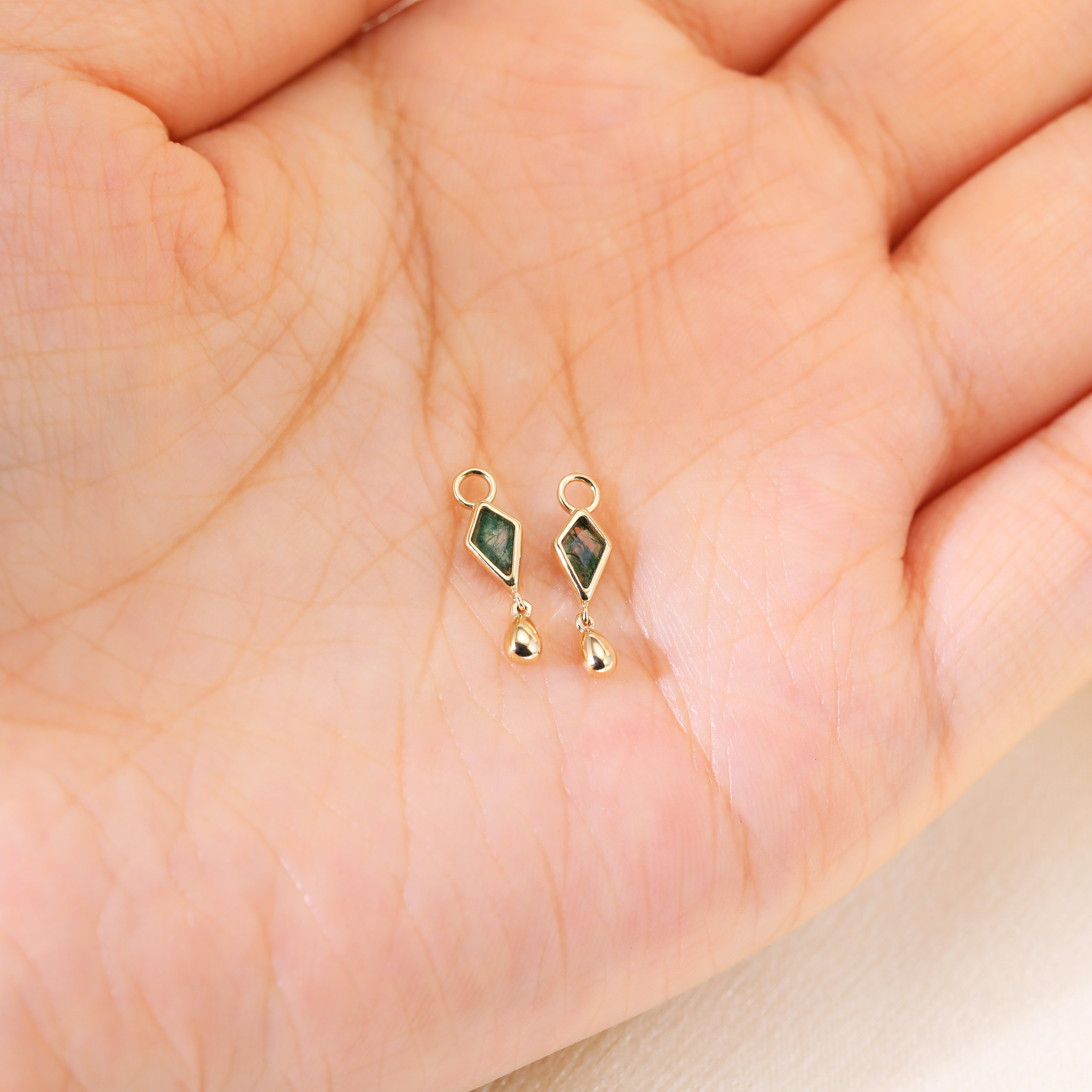 14K Solid Gold Dangle Kite Shape Moss Agate Dangle Charm