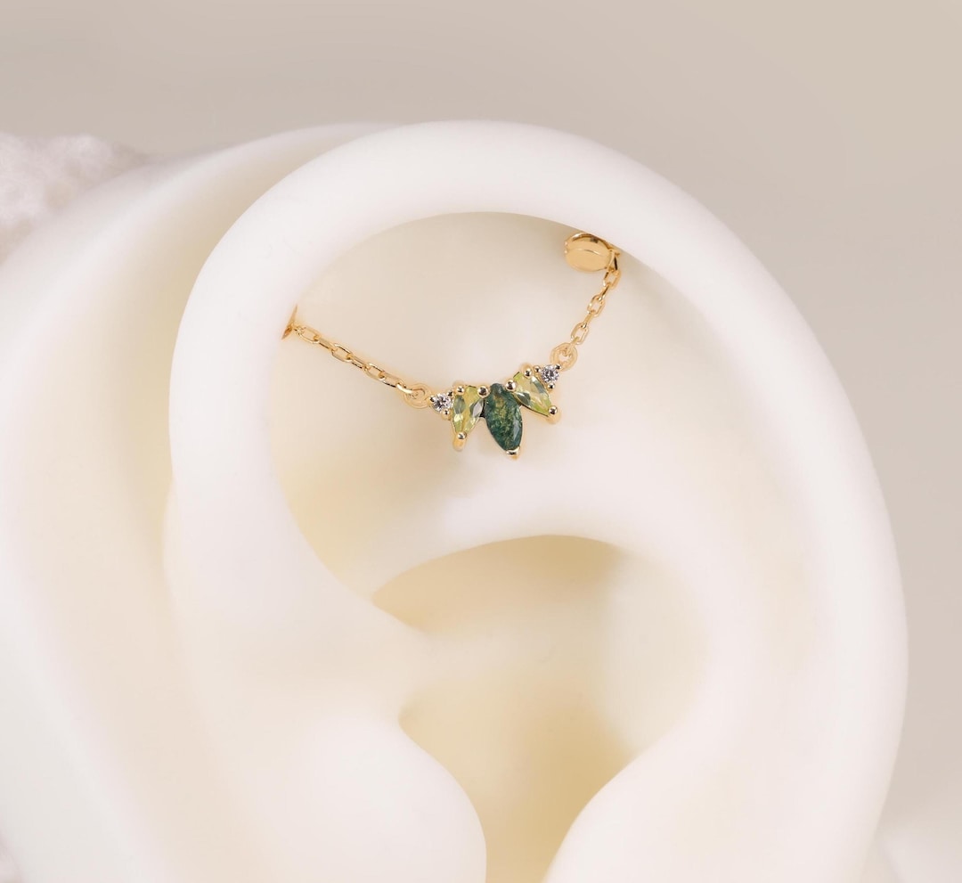 14K Solid Gold Moss Agate Crown Shape Double Chain Attachment, Crown Moissanite Helix Chain, Dangle Gold Chain, Peridot Connector Piercing - Etsy Japan