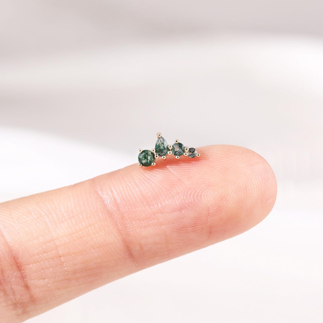 14Kソリッドゴールドモスアゲートクライマーイヤリング、ヘリックス