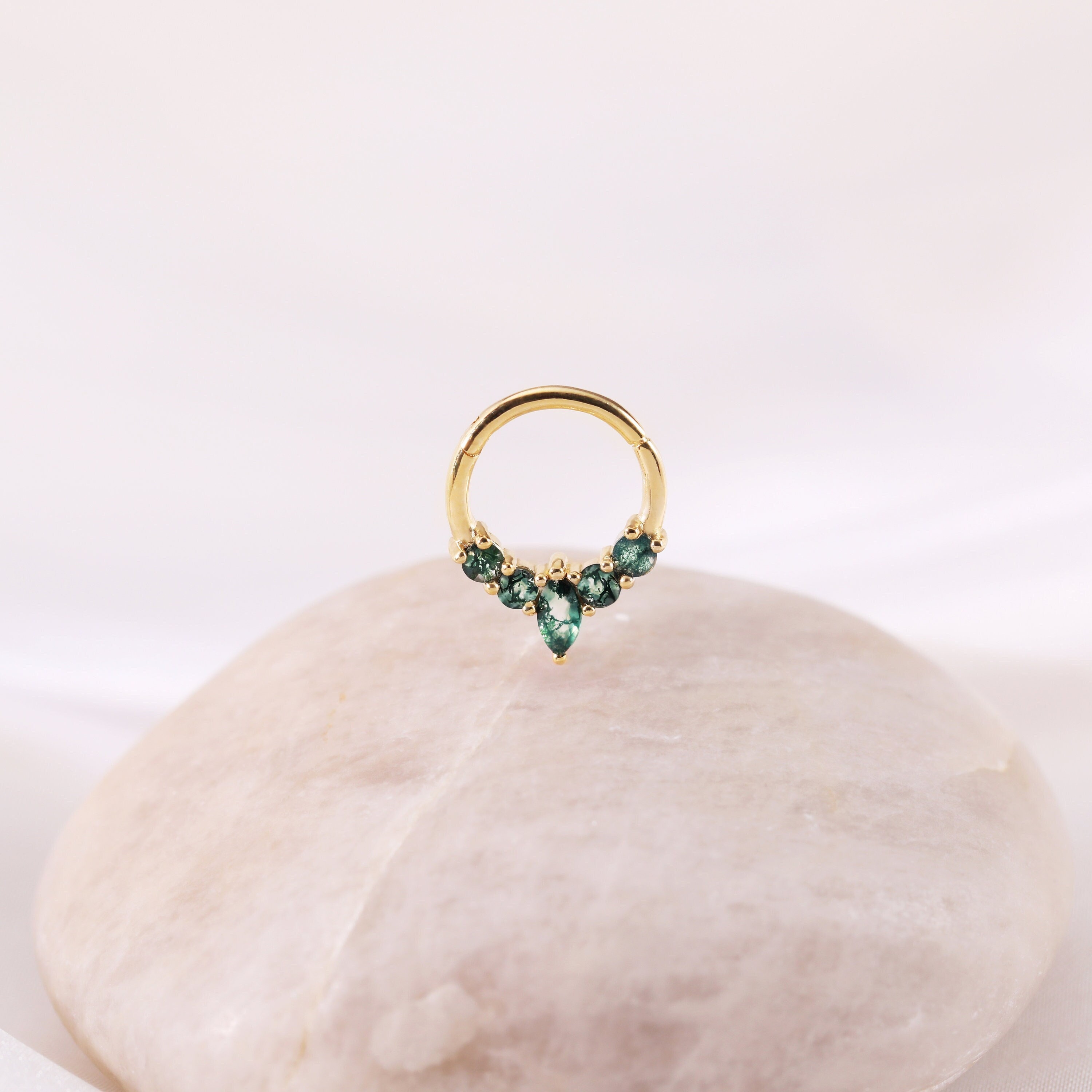 14K Solid Gold Moss Agate Conch Hoop, Gemstone Clicker, Gold Nostril Ring, Septum Hoop, Seamless Clicker, Cartilage Hoop, Rook Earring, 16G