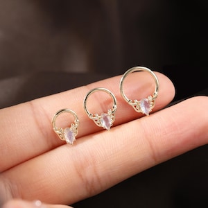 14K Solid Gold Labradorite Septum Clicker Piercing, Daith Cartilage Teardrop Huggie Ring Earring, Real Gold Nose Segment Rook Dangling Hoop