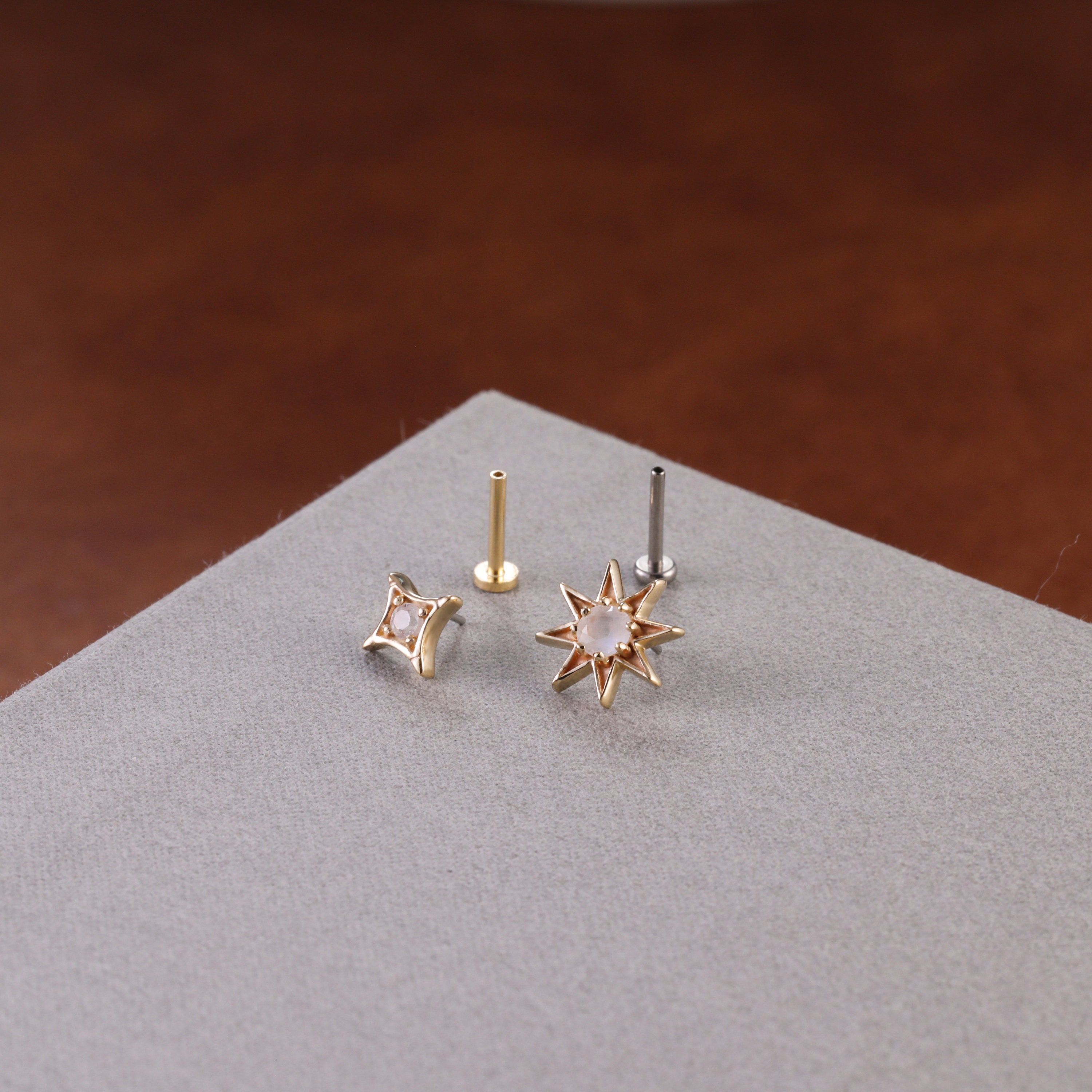 14K Solid Gold Sunburst Moonstone Cartilage Earring North