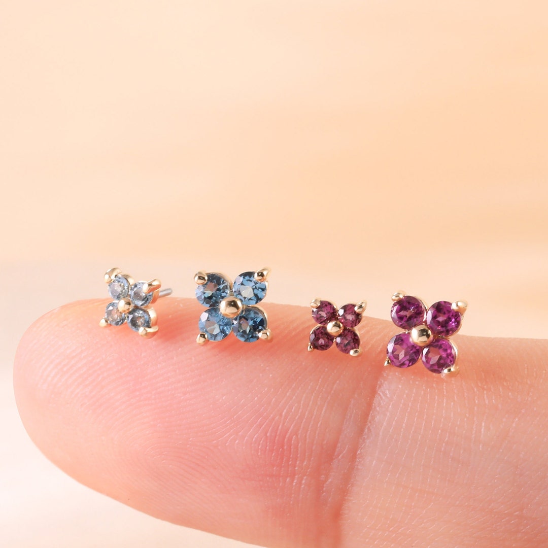 14K Solid Gold London Blue Topaz Flower Cartilage Earring, Helix