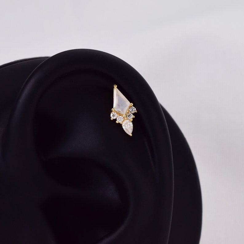 14K Gold Kite Shape Moonstone Earring Rhombus Stud Earring Moissanite Cartilage Earring Helix Stud Tagus Piercing Conch Flat Back Earring image 3