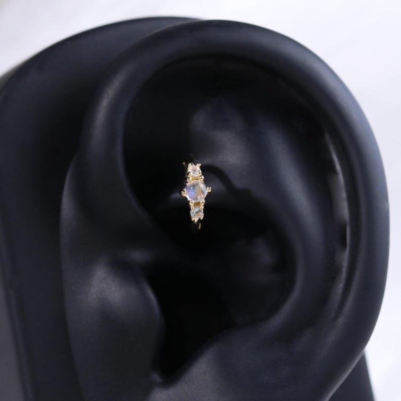 14K Solid Gold Moonstone Rook Clicker, Natural Gemstone Cartilage Nose ...
