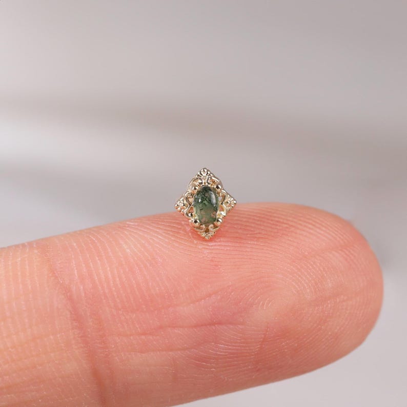 14K Solid Gold Moss Agate Floral Flat Back Piercing, Flower Helix Cartilage Earring, Rhombus Conch Labret Threadless Stud By Leitjewelry image 8
