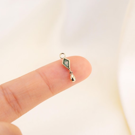 14K Solid Gold Dangle Kite Shape Moss Agate Dangle Charm