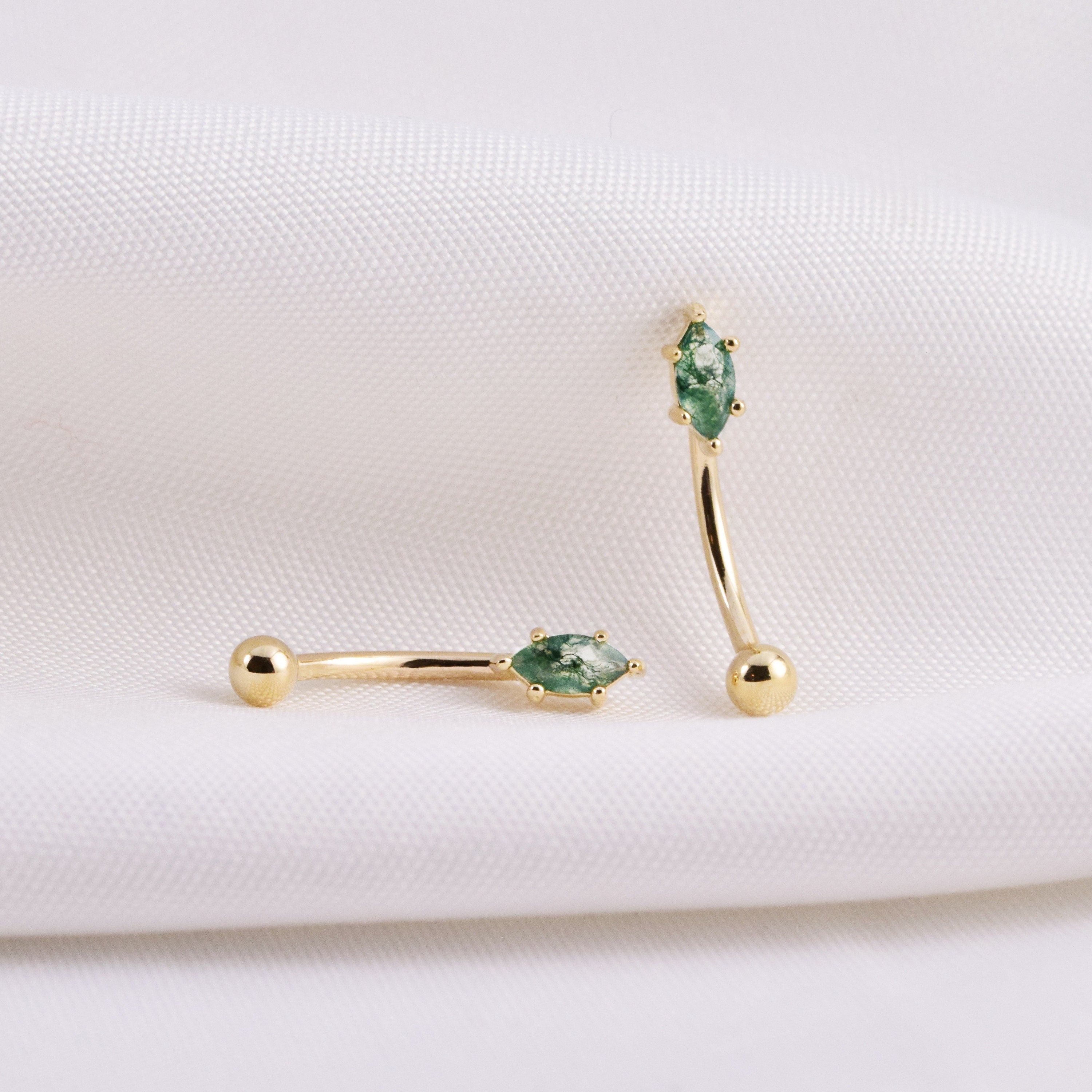 14K Solid Gold Moss Agate Rook Eyebrow Earring, Marquise Gemstone Curved Barbell Rook Piercing, Gold Body Belly Navel Piercing Jewelry 16G