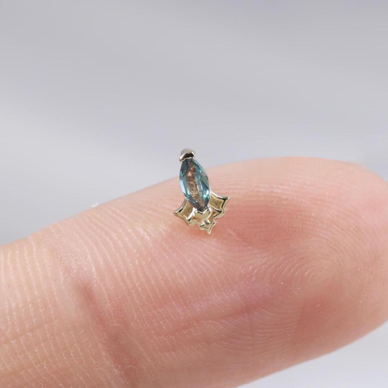 14K Solid Gold Alexandrite Threadless Pin Earring, Fish Shaped Cartilage Earlobe Push Back, Fish Helix Conch Tragus Labret Flat Back Stud