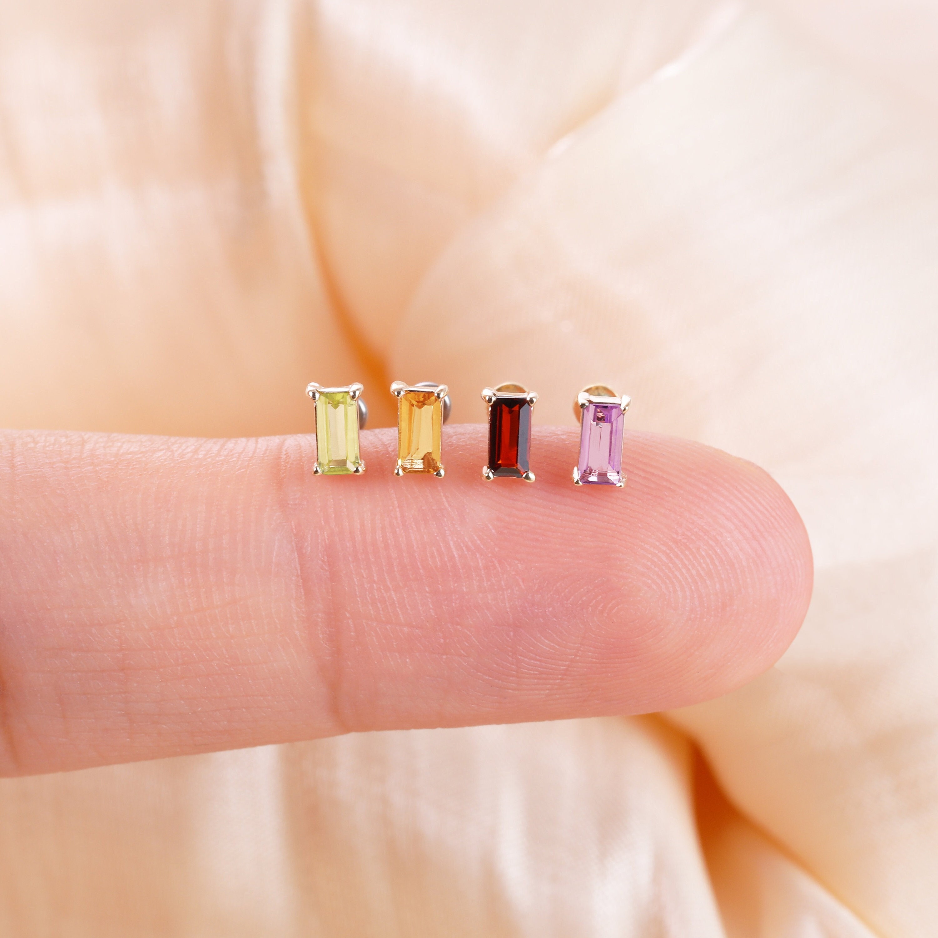 14K Solid Gold Danity Baguette Stud Earring, Natural Gemstone Threadless Stud, Garnet, Peridot, Citrine, Amethyst, Flat Back Earring