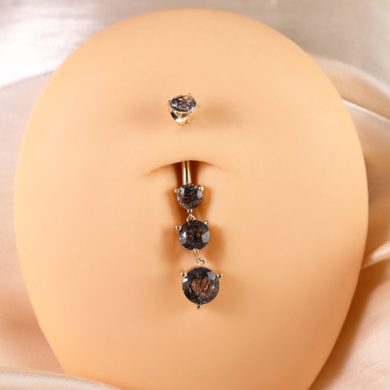 Ribbon with Round CZ Triple Drop Belly Button Navel Ring Dangle Ribbon with Round CZ Triple Drop Belly Button Navel Ring Dangle