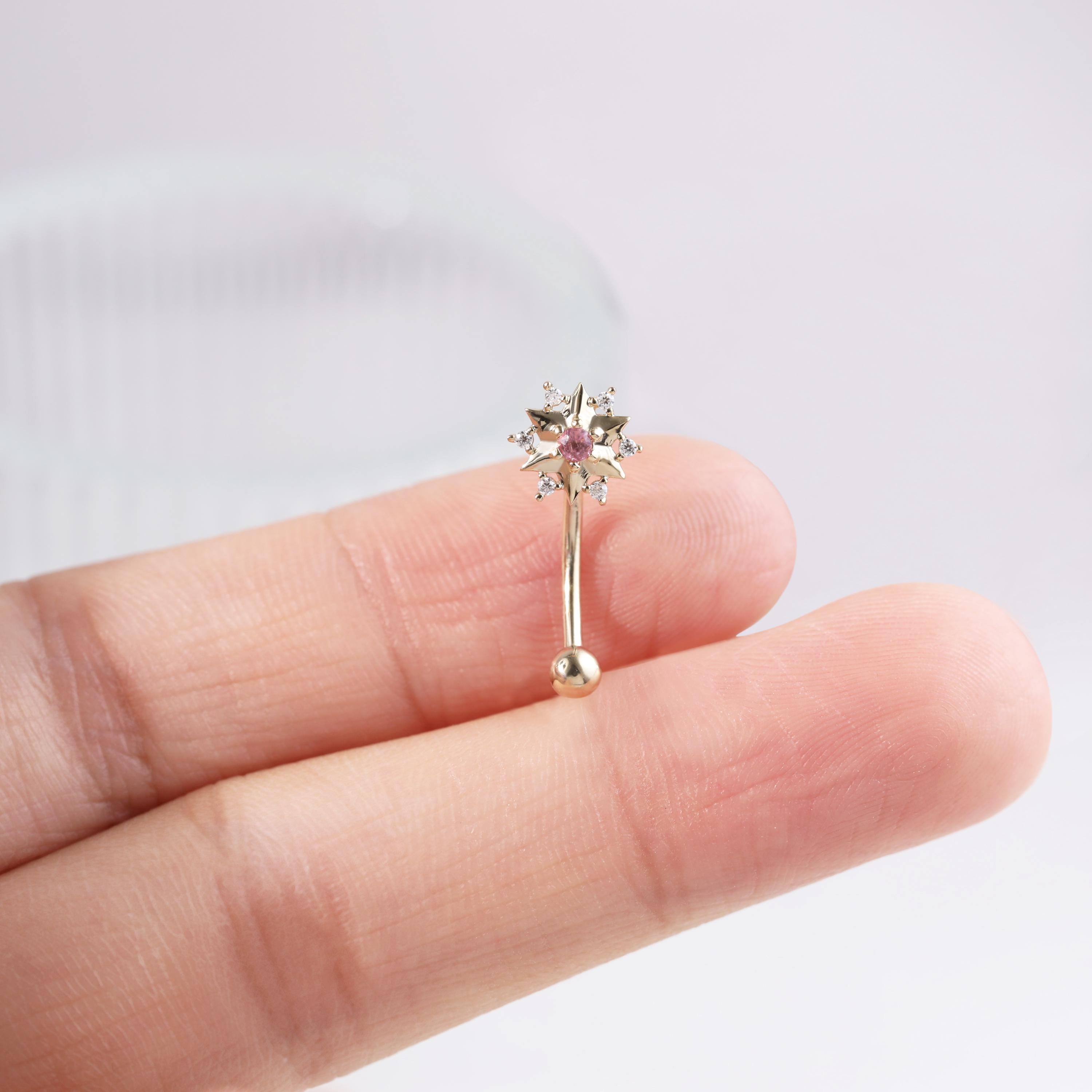 14K Solid Gold Pink Tourmaline with Moissanite Eyebrow Ring, Gemstone Flower Curved Barbell Rook, Floral Screw Ball Belly Navel Body Jewelry