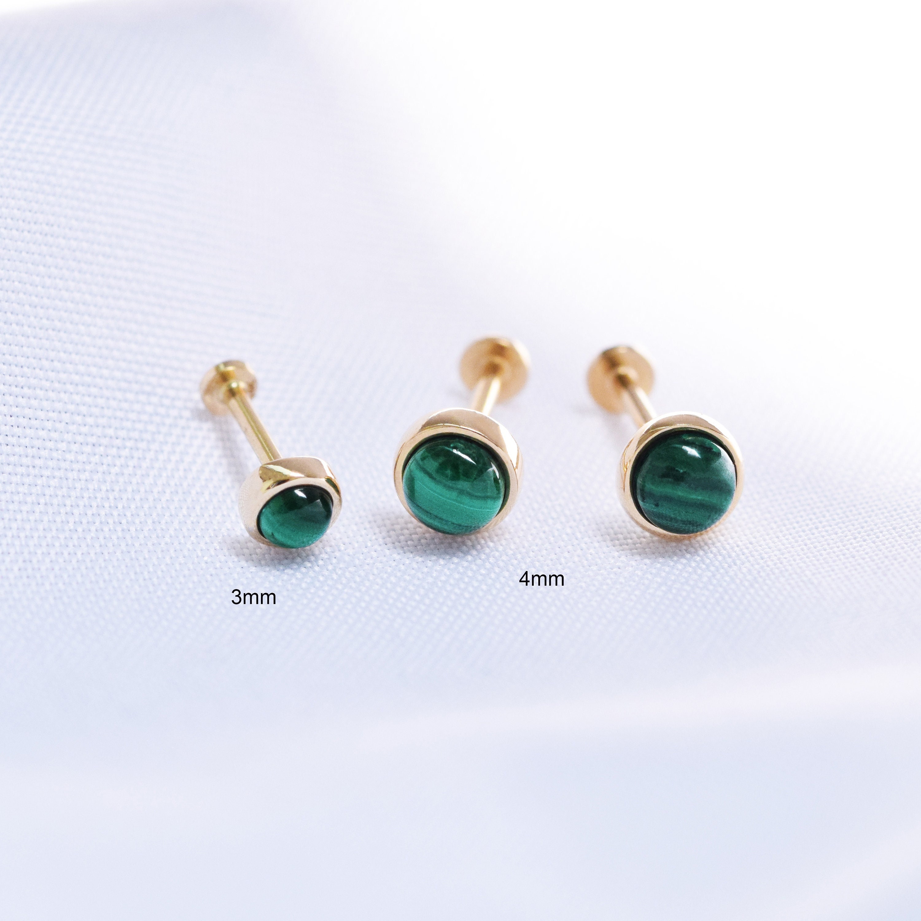 14K Gold Malachite Threadless Push Pin Stud Earring Dainty Round Shape Cartilage Helix Natural malachite stone Flat Back Earring 20g