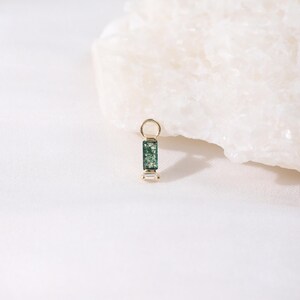 14K Solid Gold Dangle Baguette Moss Agate with White Topaz Rook Ring Charm, Dangle Cartilage Lobe Helix Clicker Hoop Huggie Piercing Charm