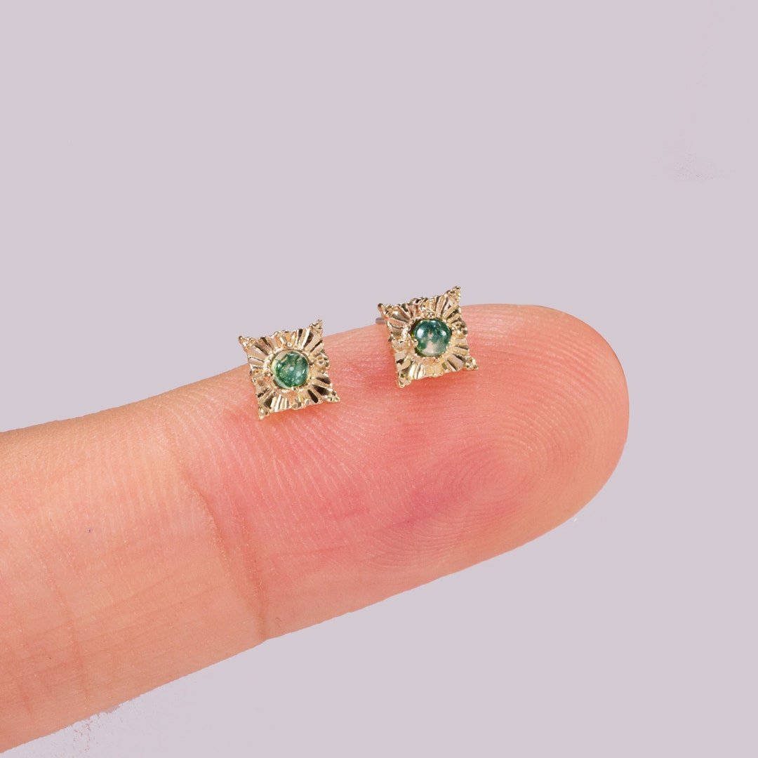 14K Solid Gold Diamond Cut Disc Stud Earring Moss Agate Threadless Push Pin Stud Cartilage Helix