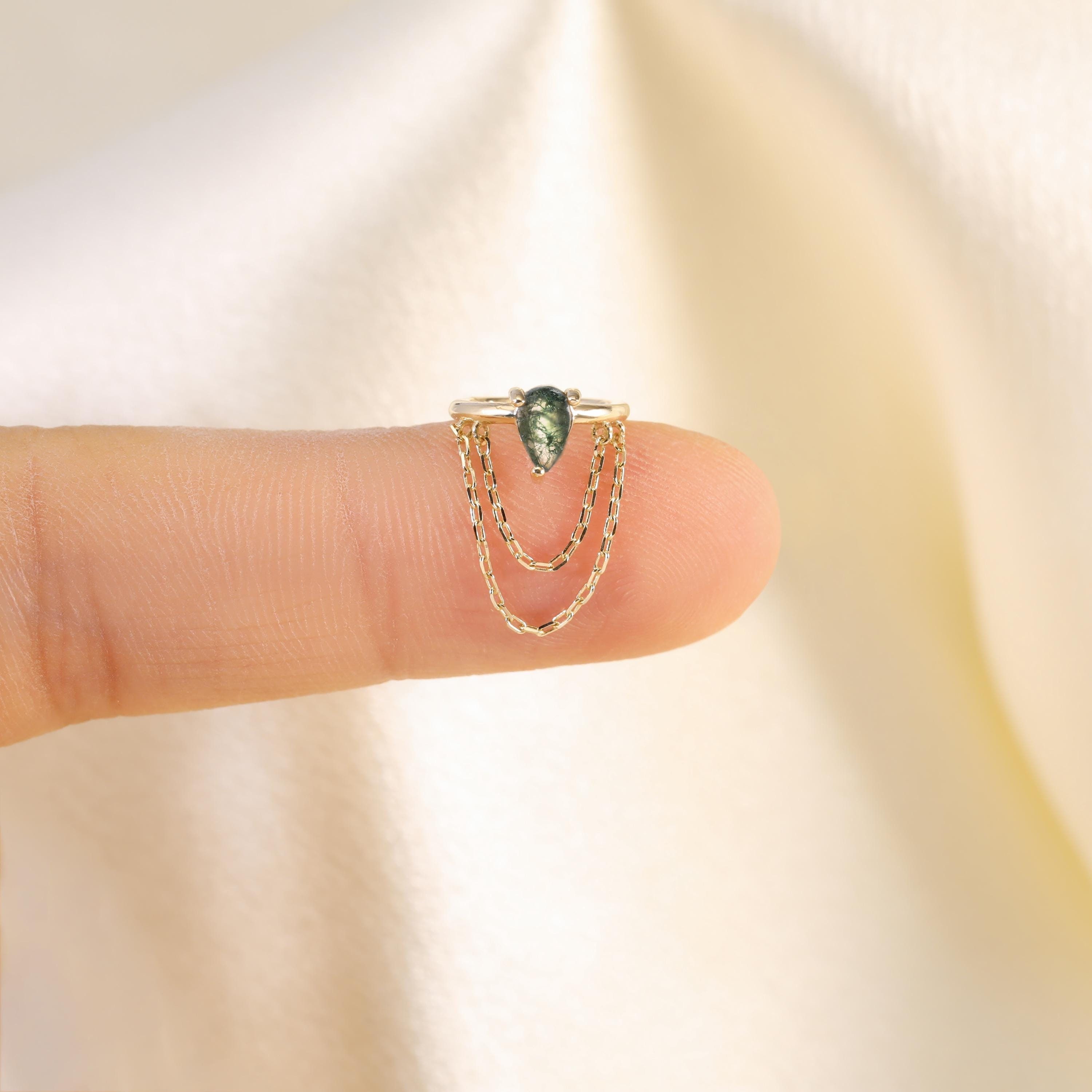 14K Solid Gold Pear Moss Agate Hoop Earring, Dangle Chain Cartilage Hoop Earring, Gemstone Huggie Earring, Dainty Hoop Earring Gift for her