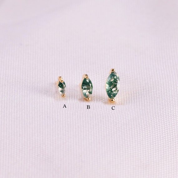 14K Gold Marquise Moss Agate Earring Tiny Marquise Cartilage Earring Helix Stud Threadless Push Pin Stud Tragus Stud Flat Back Earring 20g