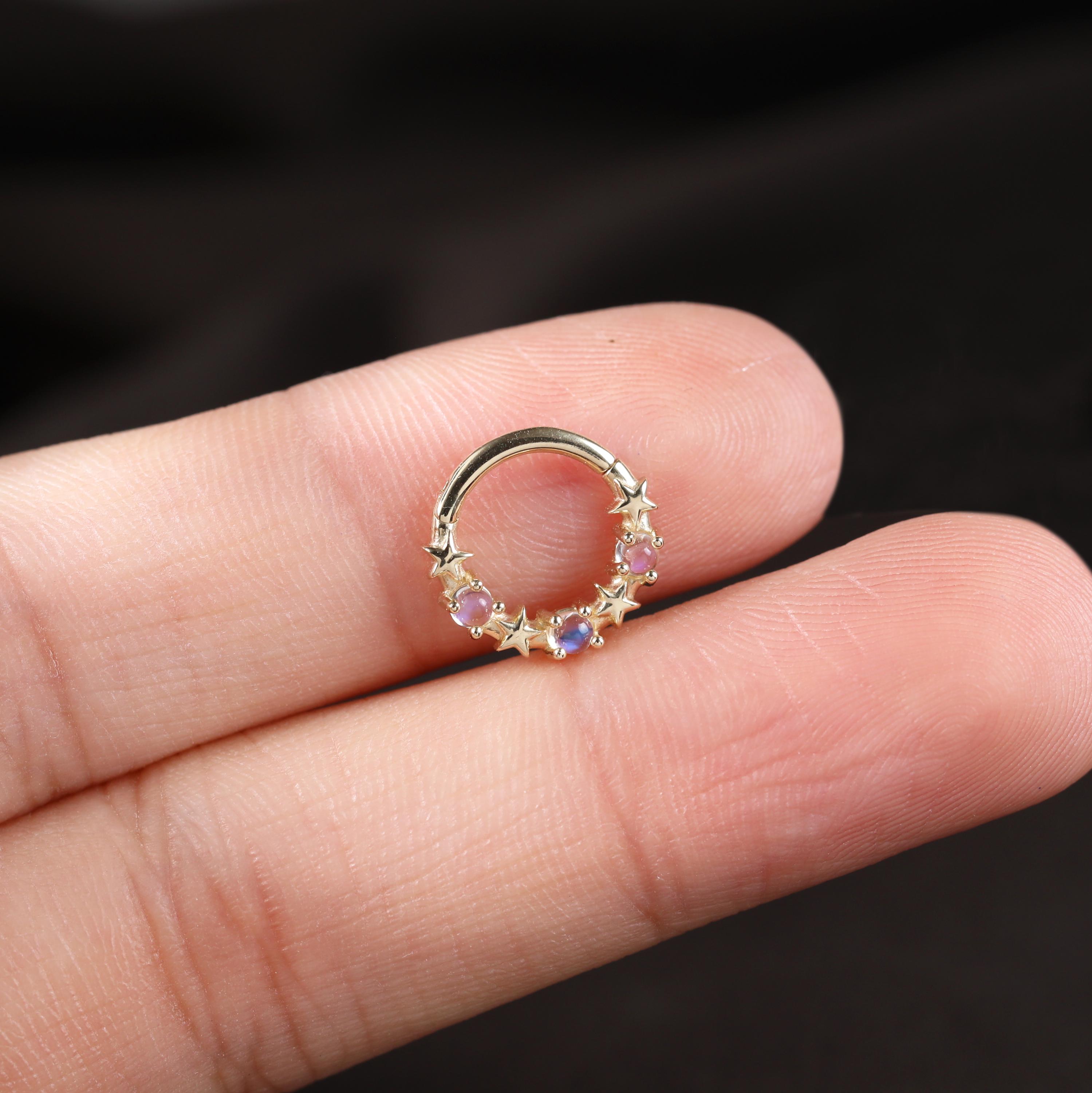 14K Solid Gold Moonstone Star Daith Septum Ring, Celestial Hinged Tragus Conch Clicker, Star Daith Helix Seamless Hoop Clicker Nose Ring 16G