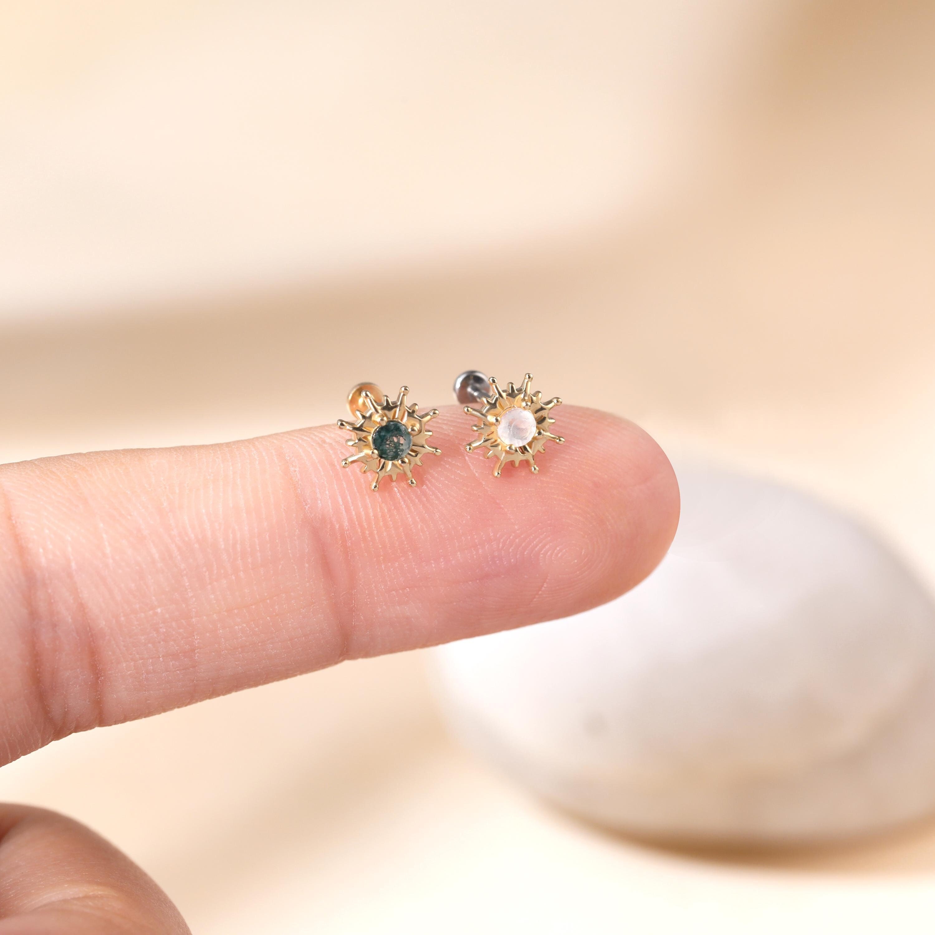 14K Solid Gold Moss Agate Sun Helix Conch Threadless Pin Stud, Dainty Real Gold Moonstone Cartilage Earlobe Labret Flat Back Piercing