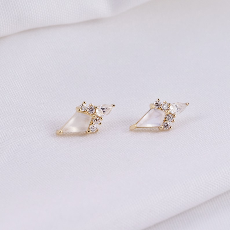 14K Gold Kite Shape Moonstone Earring Rhombus Stud Earring Moissanite Cartilage Earring Helix Stud Tagus Piercing Conch Flat Back Earring image 8