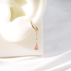 14K Solid Gold Pink Tourmaline Hanging Teardrop Charm, Pear Gem Upper-Lobe Hoop Huggie Charm, Gold Cartilage Helix Belly Ring Clicker Charm