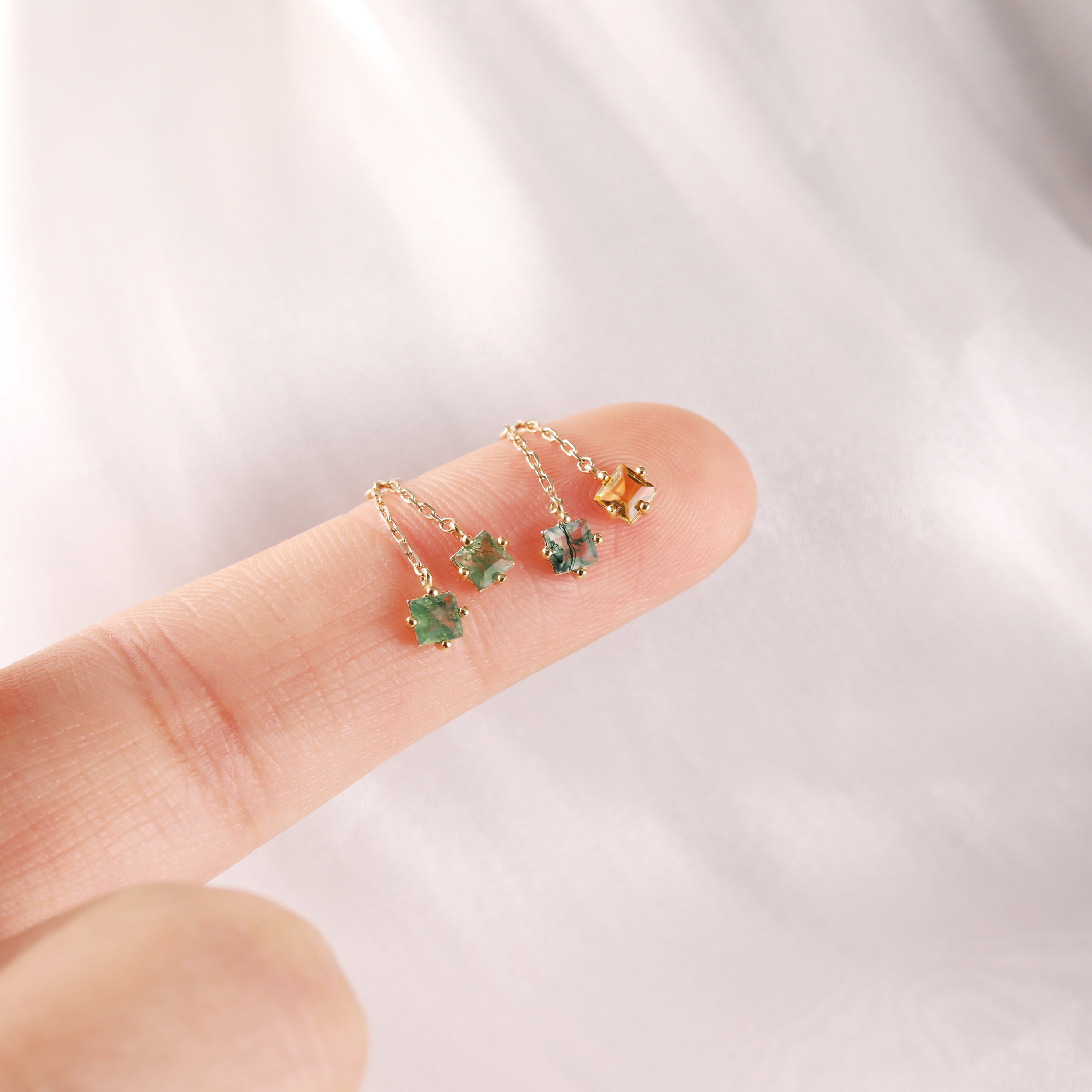 【片方】agete♡gold charm✩.*˚ 14K Solid Gold Round Moss Agate Piercing Charm, Gemstone