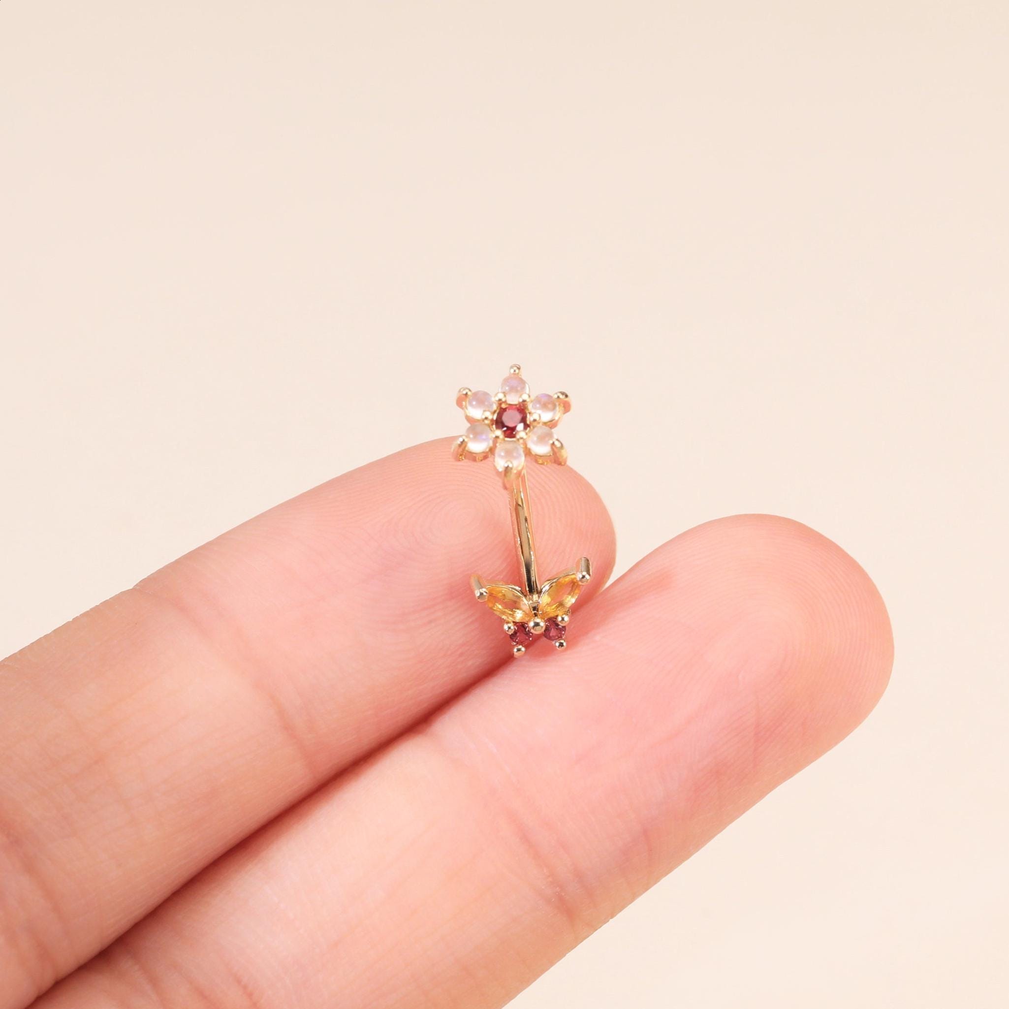 14K Solid Gold Moonstone Flower Rook Piercing, Citrine Butterfly Internally Threaded Barbell Ring, 16G Gemstone Floral Belly Eyebrow Ring