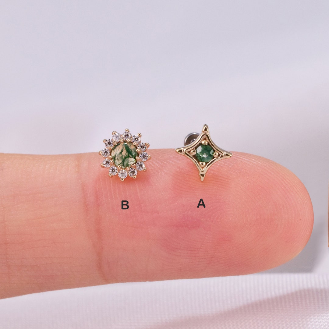 14K Solid Gold Moss Agate Sunflower Stud Earring North Star Stud