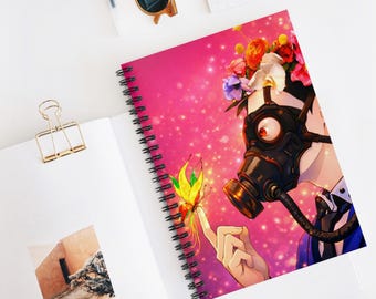 Ashitaka #498 |  collection art, Gas Mask Character Spiral Notebook | Floral Crown, Butterfly, Pink Sparkle