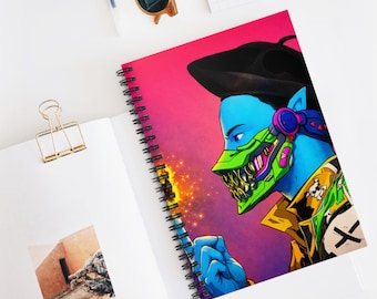 Ashitaka #636 | collection Cyberpunk Blue Alien with Neon Mask Spiral Notebook | Ruled