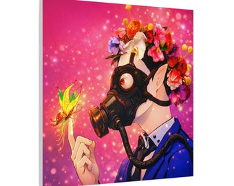 Ashitaka #142 | Gas Mask with Flower Crown Canvas | Matte Stretched Wall Art