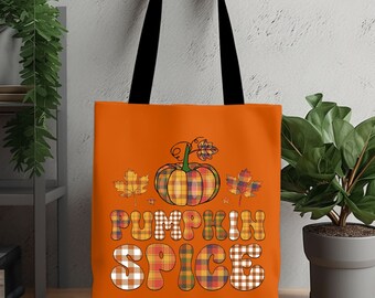 Fall Season, Pumpkin Fall Tote Bag, Gift For Her, Thanksgiving Gift, Shopping Bag, School Bag, Plaid Pumpkin Spice, Thanksgiving Tote Bag