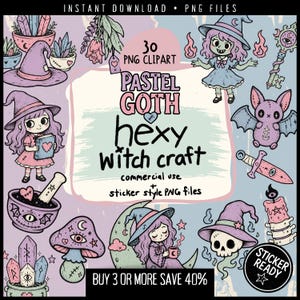 May include: A digital collection of 30 pastel-colored PNG clipart files featuring witchy illustrations including characters in hats, a bat, a skull, a mushroom, crystals, and a dagger. The central text reads Pastel Goth hexy witch craft.