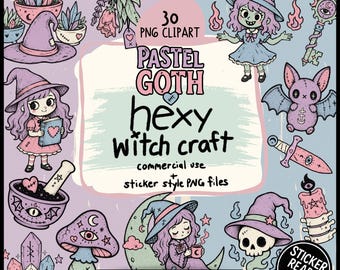 May include: A digital collection of 30 pastel-colored PNG clipart files featuring witchy illustrations including characters in hats, a bat, a skull, a mushroom, crystals, and a dagger. The central text reads Pastel Goth hexy witch craft.