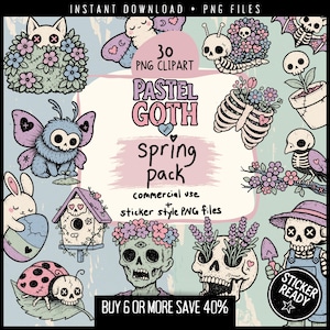 Clipart de primavera gótica pastel: 30 PNG florales góticos espeluznantes y adorables para pegatinas de witchcore, arte de terror kawaii, scrapbooking gótico y sublimación.