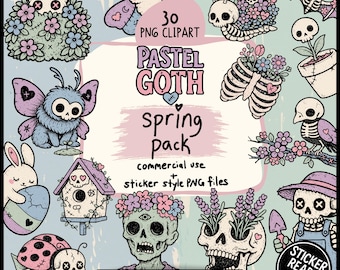 Pastel Goth Spring Clipart – 30 Creepy Cute Floral Goth PNGs for Witchcore Stickers, Kawaii Horror Art, Gothic Scrapbooking & Sublimation