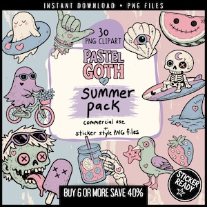 May include: A digital download graphic pack with a pastel goth summer theme. The image features various illustrations, including a ghost on a bike, a skeleton on a surfboard, and a zombie with sunglasses. Text includes "PASTEL GOTH SUMMER PACK".