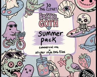Pacchetto di clipart estive gotiche pastello e inquietanti: 30 PNG pronti per adesivi con fantasmi da spiaggia, conchiglie spettrali e grafiche kawaii da vacanza infestata