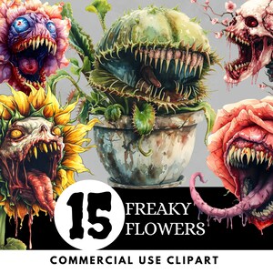 15 demonische gotische bloemen clipartbundel - spookachtige boeketten en botanische monsters, transparante png voor commercieel gebruik, Halloween-illustraties