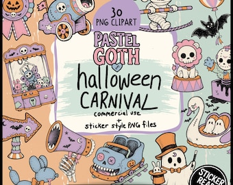 Haunted Carnival Halloween Clipart PNG Bundle, Pastel Goth Spooky Circus, Creepy Cute Digital Stickers