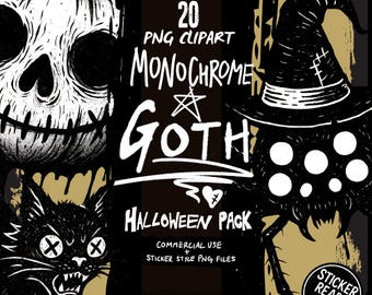Monochrome Gothic Halloween Clipart Bundle – 20 Black and White Spooky PNGs, Gothic Horror Stickers, Planner, Scrapbook & Sublimation Art