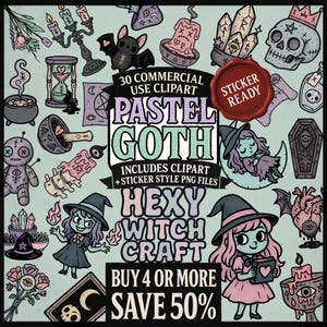 Pastel Goth Witch Clipart – 30 Halloween PNGs, Spell Jar, Bones, Candles, Creepy Cute Stickers, Witchcore Occult Graphics for Journaling