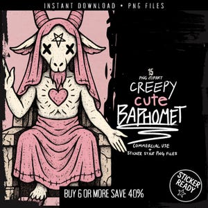 Paquete de imágenes prediseñadas de Baphomet gótico pastel: PNG de arte digital de brujería / Decoración ritual oculta, lindas ilustraciones satánicas, pegatinas góticas imprimibles