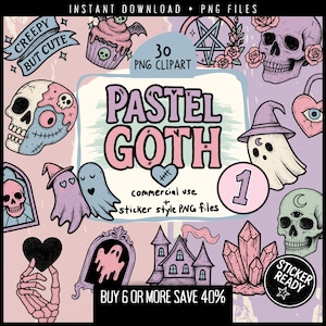 Peut inclure: Une collection de 30 images clipart PNG sur le thème du gothique pastel. Les images comprennent des crânes, des fantômes, des cœurs, des cristaux et une maison hantée. Le texte comprend "Creepy but Cute" et "Pastel Goth".
