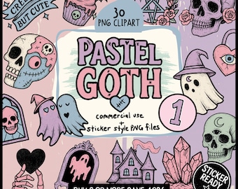Pacchetto di clipart gotiche pastello inquietanti e carine: PNG pronti per adesivi con fantasmi, teschi, gatti, cristalli, pipistrelli e grafica estetica kawaii inquietante