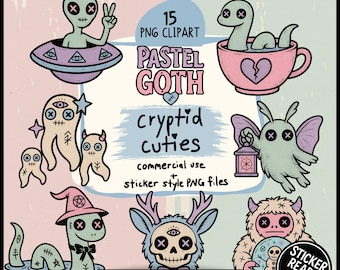 Paquete de imágenes prediseñadas de críptidos góticos pastel: archivos PNG de pegatinas digitales imprimibles de Mothman, alienígenas, Nessie, Yeti, Jackalope y Chupacabra, con diseños espeluznantes y adorables.