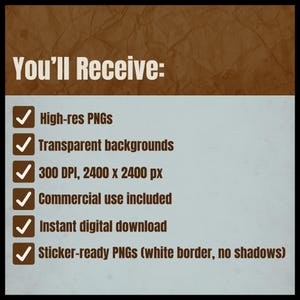 Pu&ograve; includere: Immagine con testo "You'll Receive:" seguito da un elenco di funzionalit&agrave;. Le funzionalit&agrave; includono PNG ad alta risoluzione, sfondi trasparenti, 300 DPI a 2400 x 2400 px, uso commerciale, download digitale istantaneo e PNG pronti per adesivi.