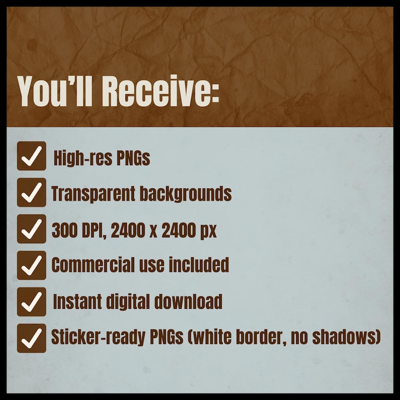 Pu&ograve; includere: Immagine con testo "You'll Receive:" seguito da un elenco di funzionalit&agrave;. Le funzionalit&agrave; includono PNG ad alta risoluzione, sfondi trasparenti, 300 DPI a 2400 x 2400 px, uso commerciale, download digitale istantaneo e PNG pronti per adesivi.