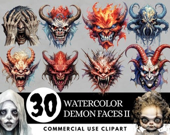 30 Horror Watercolor Demon Faces Clipart Bundle - Ghosts, Bloody Ghouls, Satanic, Monster Illustrations | Commercial Use | Digital Download